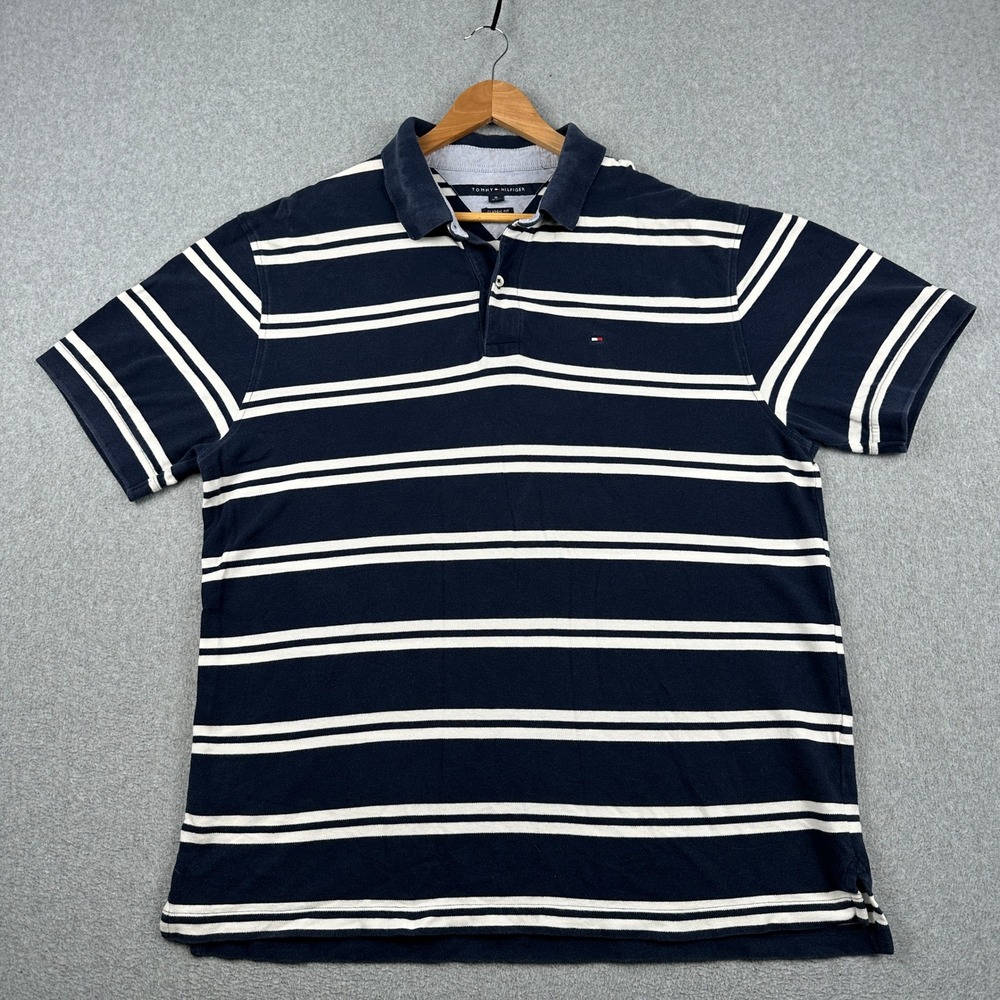 Tommy Hilfiger Polo Shirt Mens XL Classic Fit Navy White Striped Short Sleeve